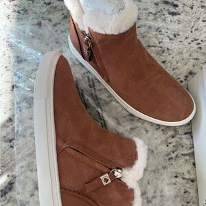 Kate Spade Brown Suede Sneakers with White Fur Trim